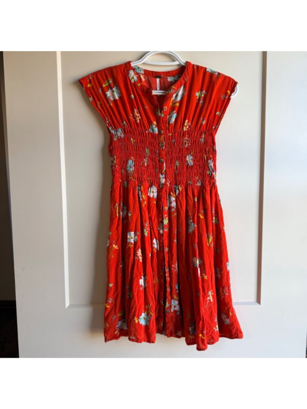 Free People Womens Red Orange Floral Button Front Smocked Waist Rayon Dress XS - Picture 2 of 8